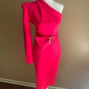 Elegant bright neon Pink One-Shoulder midi Dress size 6 medium plus belt